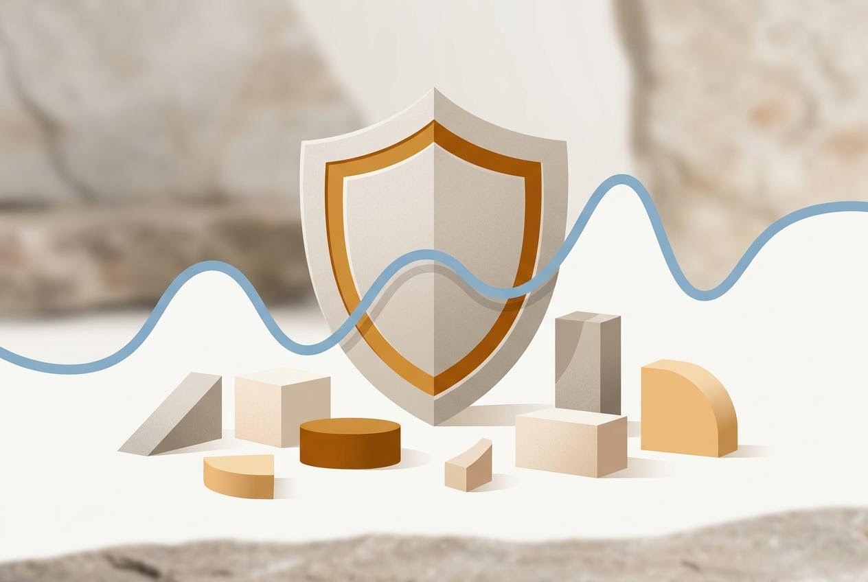 Schild-Symbol mit schwankender Linie als Sinnbild dafür, Aktien Risiko zu verstehen